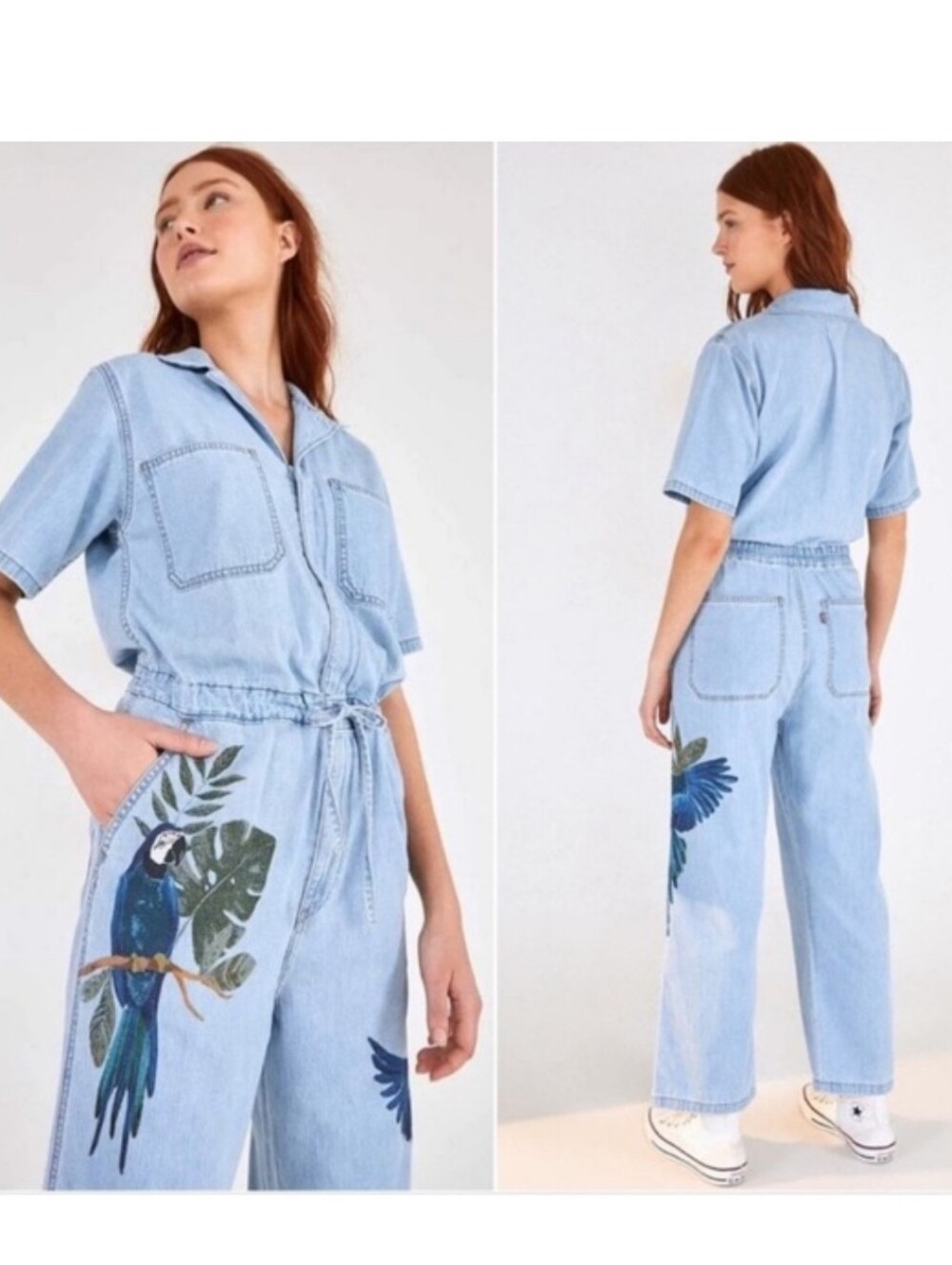 Levi's x Farm Rio Luella utility jumpsuit features embroidered blue macaw parrot